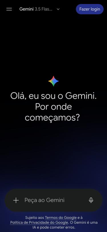 Tela inicial do Gemini no celular, com a frase 'Olá, eu sou o Gemini. Por onde começamos?' e a caixa 'Peça ao Gemini' embaixo.