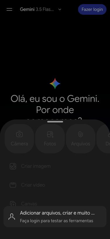 Menu do + aberto sem login: Câmera, Fotos e Arquivos aparecem apagados e um aviso diz 'Faça login para testar as ferramentas'.